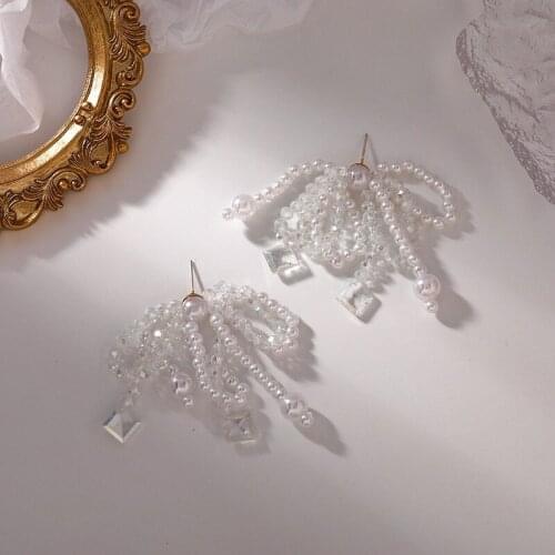 Simple Simulated Pearls Crystal Big Bowknot Stud Earrings for Women Sweet Beaded Pearls Tassel Piercing Earring 2021 New Trendy