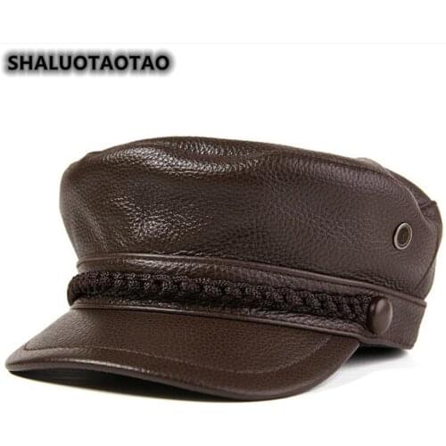 SHALUOTAOTAO New Quality Cowhide Military Hats Winter Fashion Thermal Flat Cap For Men Women Leisure Brands Genuine Leather Hat