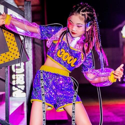 Purple Jazz Dancewear Cheerleader Uniform Summer Stage Costume Sequins Girl Sets Hip Hop Dancer Outfits Designer Clothes DL7761