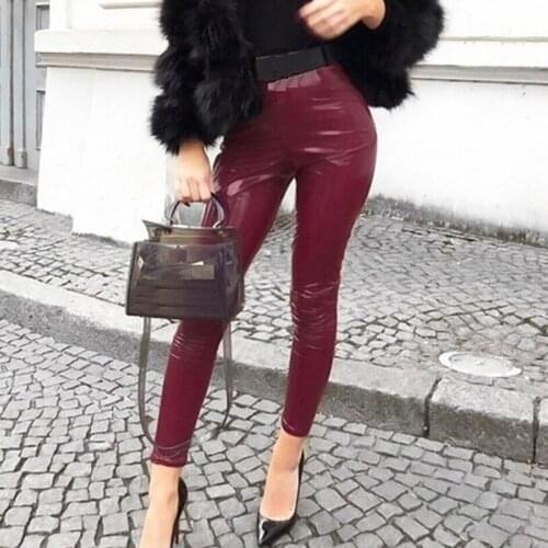 Bright Leather Pants Trousers 2021 New Black Pink Burgundy Pu Leather Pants Slim High Waist Elastic Sexy Pencil Trousers Girls