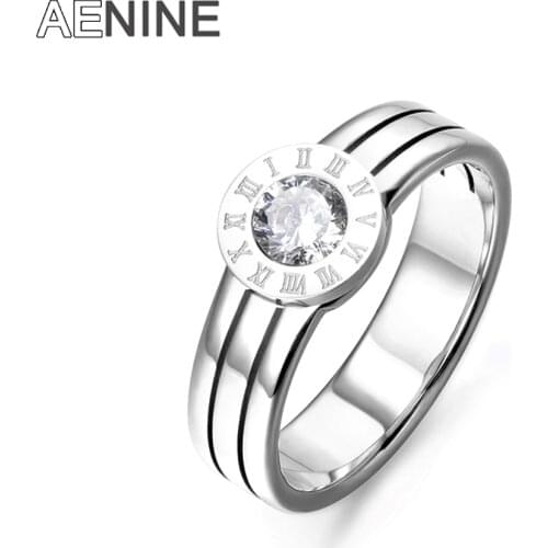 AENINE Classic Roman Numeral Pattern Round Shape CZ Crystal Stylish Titanium Steel Anniversary Wedding Women Rings AR17062