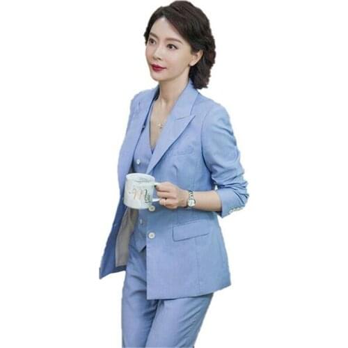 3 PCs Women Suits Blue PantSuits for Lady OL Womens Autumn Suit Women Blazer Jacket & Trousers & Vest Suit For Women Set
