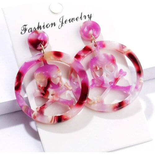 Personality Hollow Skull Leopard Acrylic Earrings For Women Fashion Round Skeleton Acetate Drop Dangle Earrings Party