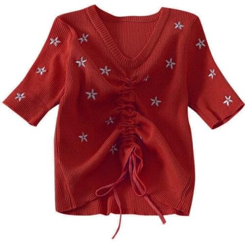 PERHAPS U Women Knitted Top Summer Floral Embroidery Drawstring Short Sleeve V Neck White Red B0374