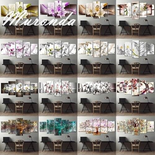 5 Pieces European Style Canvas Painting Wall Poster Art Picture Silver Gorgerous Flowers Shining Light for Home Rooms Decoration