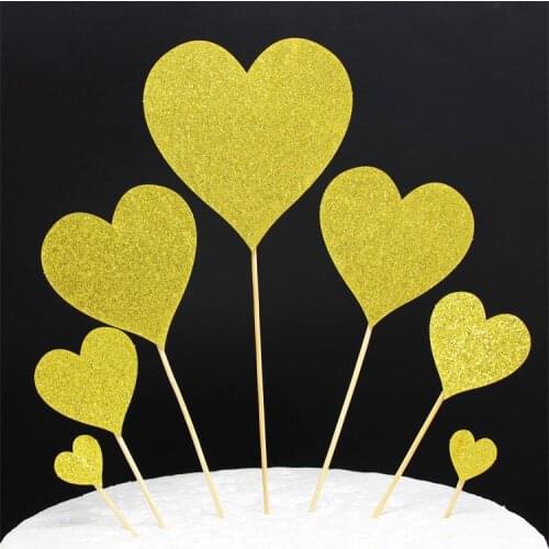 7pcs Colorful Shiny Heart Cake Toppers Kids Happy Birthday Gold Cupcake Topper Wedding Valentines Day Party Baby Shower Decor