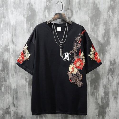 Embroidery Rabbit Flowers Moon Print Tees Shirts Streetwea Harajuku Hip Hop Casual Short Sleeve Tshirts Men Summer Tops 30988