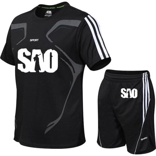 Fashion Cotton New Summer Mens suits SAO Sword Art Print T-shirt casual trend Mens short sleeve+shorts 2-piece set