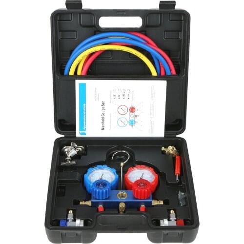 Car Air Conditioner R134A Manifold Gauges Freon Refrigerant Pressure gauge + Tricolor Fluoridated Tube Hoses+2pc Quick Couplers