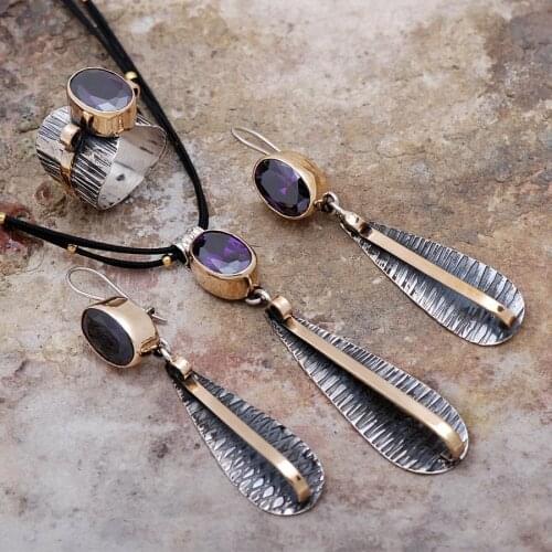 Amethyst Gemstone Hammer Forged Handmade Design Silver set 1800Hand Made Silver Jewellery Set