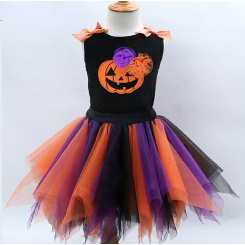 Halloween Girls Clothes Two Piece Set Sleeveless Bow Decroration Pumokin Print Children Tops Mixed Color Mesh Mini Baby Dress