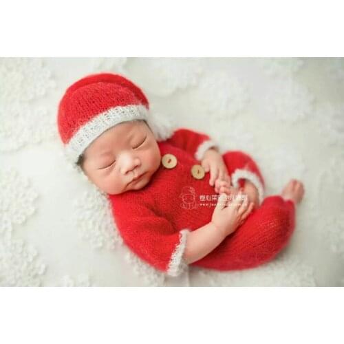 Santa Claus Clothes Knit Newborn Onesie and Bonnet Set Mohair Newborn Baby Gril Romper Newborn Photo Prop