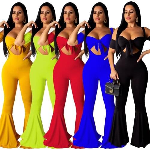 Adogirl front bust lace up solid jumpsuits cut-out sleeve flare long pants one piece sets low cut cinch skinny club suits