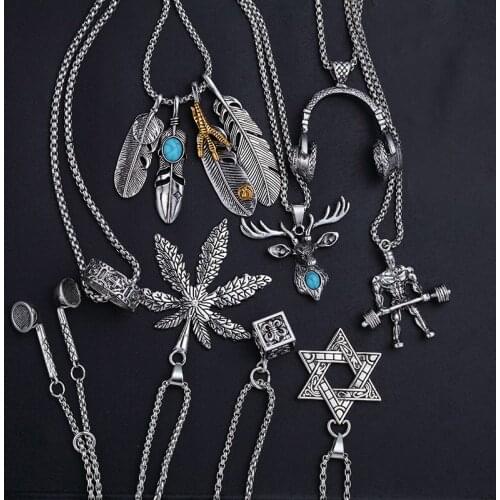 Stainless Steel Pendant Necklace Feather Necklace Long Sweater Chain Statement Jewelry Leaf Deer Headset Necklace For Women Gift