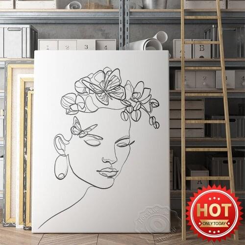Abstract Girl Face Line Poster, Black White Singlet Line Wall Art, Flower Leaf Female Sketch Portrait Prints, Bedroom Home Decor