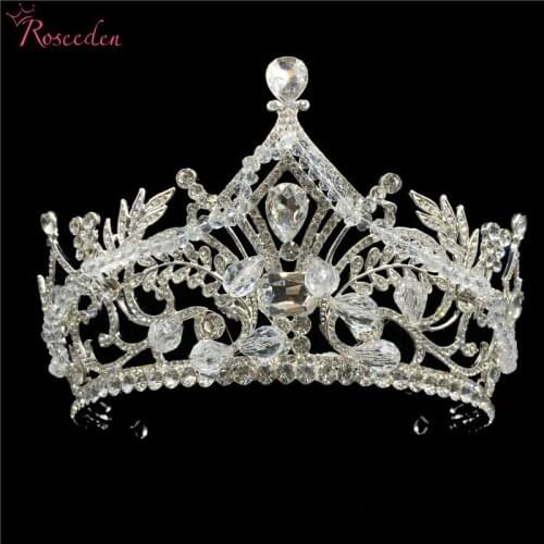Luxury Rhinestone Beads Bridal Tiara Crown Crystal Big Queen Diadem Tiaras Wedding Hair Accessories Headpieces RE3215