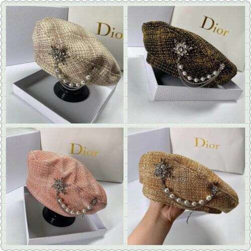 Luxury Diamond Decoration Beret Hat for Women French Designer Baret Cap with Pearls Embellishment Plaid Painter Octagonal Hats