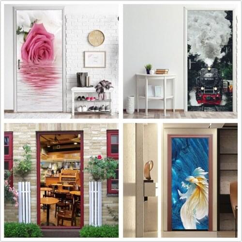 Train Tracks Door Stickers Self adhesive Removable Decal Fish Flowers Wallpaper For Doors Living Room Bedroom Renew deur sticker