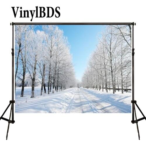 VinylBDS Photography Backdrop Winter Long Road Orbit Scenery Photo Studio Snow Tree Blue Sky Backdrop Photography Studio