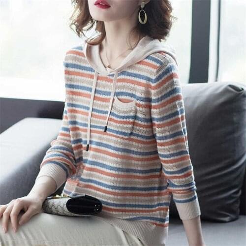 2021 Women New Early Autumn Thin Loose Hooded Sweater Tops Female Striped Pullover Jumpers Ladies Long Sleeve Knitted Tops P389