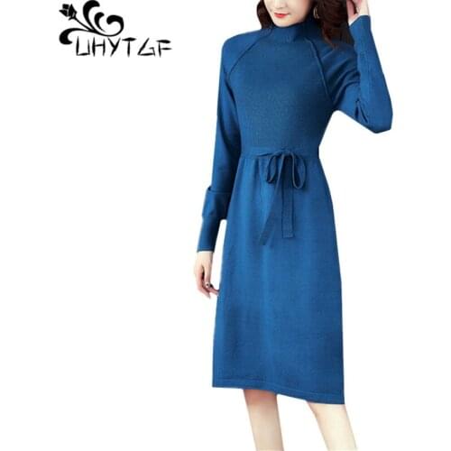 UHYTGF Womens Autumn Sweater Dress O Neck Pullover Knitted Sweater Female Korean Loose warm 3XL Plus Size Dresses vestidos 1202