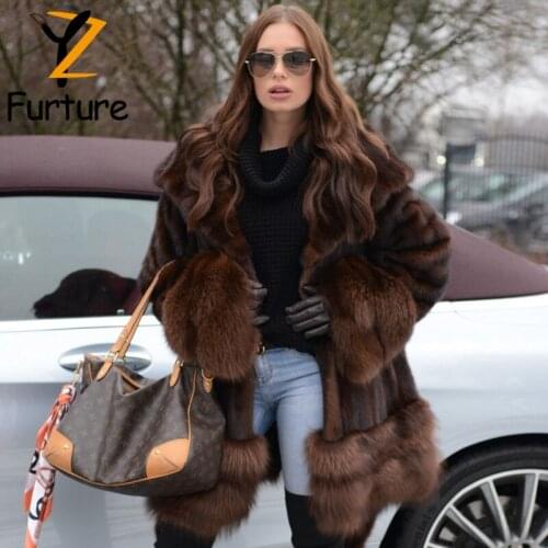 Winter Real Mink Fur Hooded Coat Dark Brown Women Loose With Thick Fox Fur Cuffs Hem Warm Real Fur Jacket Sashes Slim Design New