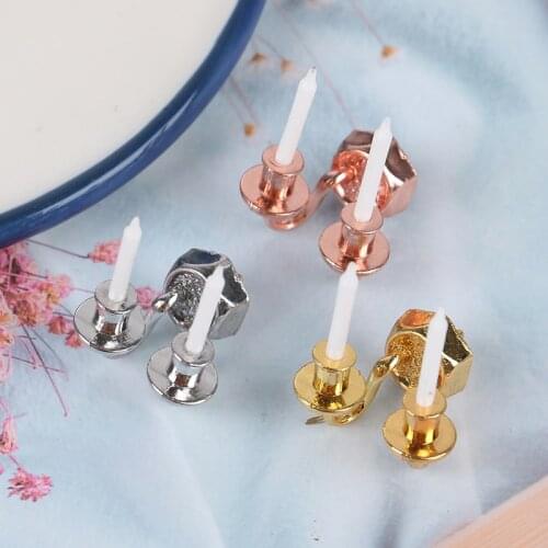 1:12 Scale 1pc 2-arm Miniature Candlesticks Candelabra Dollhouse White Candles Furniture Toy Pretend Play Doll House Accessories