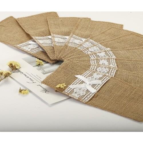 10Pieces/Bag Tableware Bag Jute Cutlery Pocket Knife And Fork Burlap Lace Bow Pouch Bag Wedding Christmas Party Table Decoration