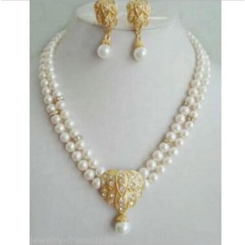2 rows white pearl pendant earrings necklace sets