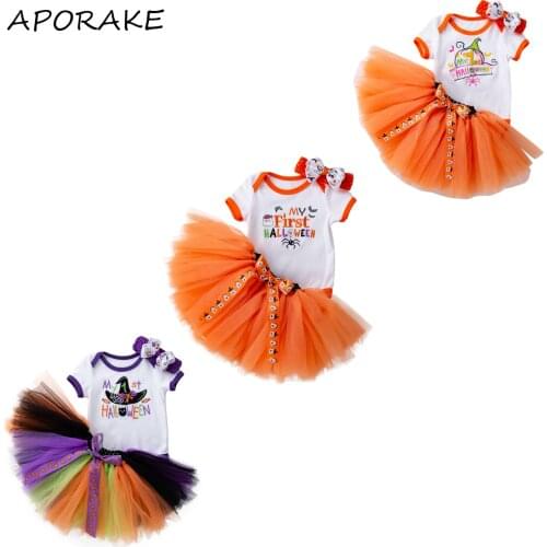 2021 0-24M Baby Girl Halloween Clothes Set Witch Pumpkin Embroidery Pattern Long Sleeve Romper+Bow Tulle Yarn Skirt Costume 2pcs