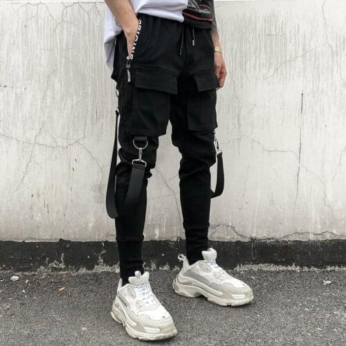Streetwear Black Harem Pants Men Elastic Waist Punk Pants With Ribbons Casual Slim Jogger Pants Men Hip Hop Trousers