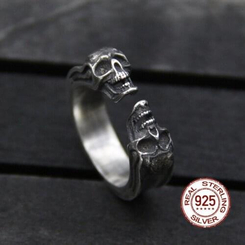 Pure 925 silver skull Fashion Open Ring men women Real silver Double skull Rings Male 925 silver ring Jewelry Birthday gifts
