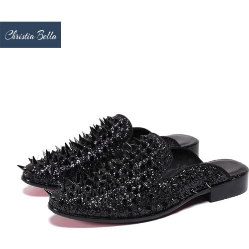 Christia Bella Brand Designer Men Summer Shoes with Rivets Luxurious Smoking Slipper Prom and Banquet Men Casual Loafers