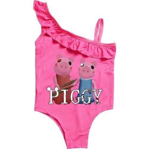 Roblox PIGGY One Piece Child Summer Swimwear Kids Pink Beach Bathing Bikini Set Cute Anime Figure Print Girls Swimsuit 2-10Years