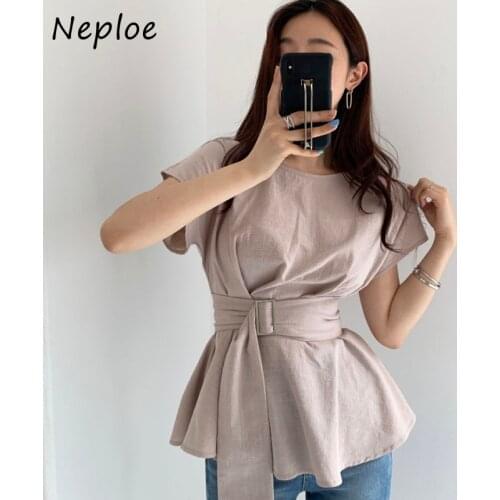 Neploe Elegant Ruffles Patchwork Solid Ol Blouse Women O Neck Short Sleeve Slim Waist Sashes Blusas Summer 2021 New Shirt