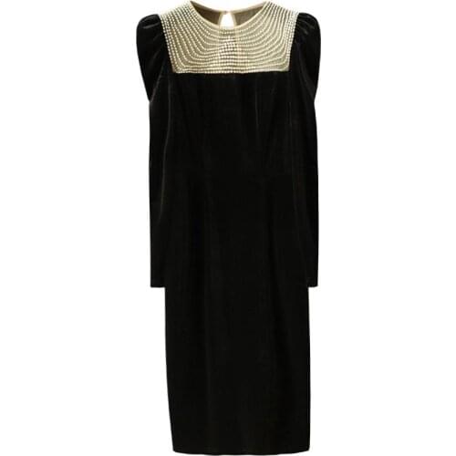 Elegant velvet dress women vintage beading autumn winter evening party slim package hip dress