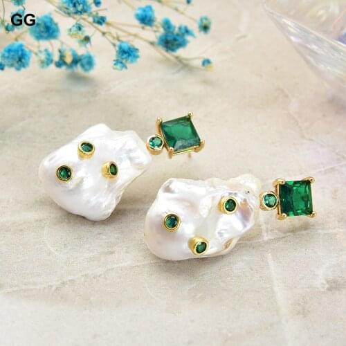 GuaiGuai Jewelry Cultured White Baroque Pearl Green Cz Rhinestone Stud Earrings