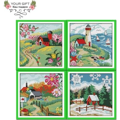 Joy Sunday F718F719F720F721 14CT 11CT The Suburban Four Seasons Spring Summer Autumn Winter Home Decor Cross Stitch kits