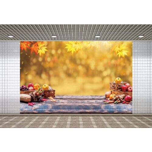 Lyavshi Autumn Backdrops Light Bokeh Maple Leaves Fruit Wooden Floor Photography Backgrounds Baby Shower Photophone Photozone