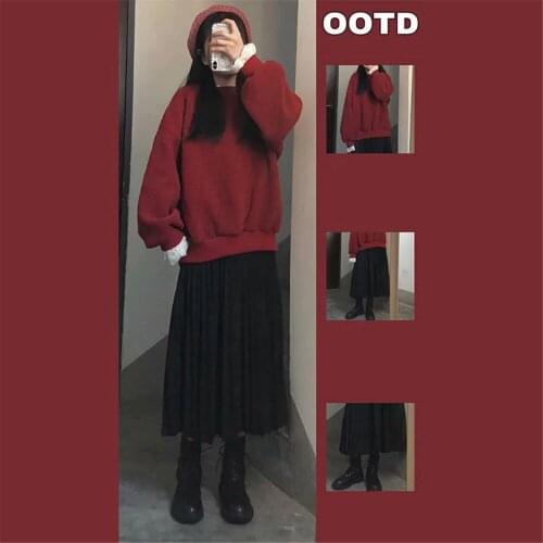Kawaii 2pcs Set Red Lace Splice Ruffled Lambswool Sweater Pullover +Black High-Waist Knit Pleated Skirt Women Winter Warm Suit