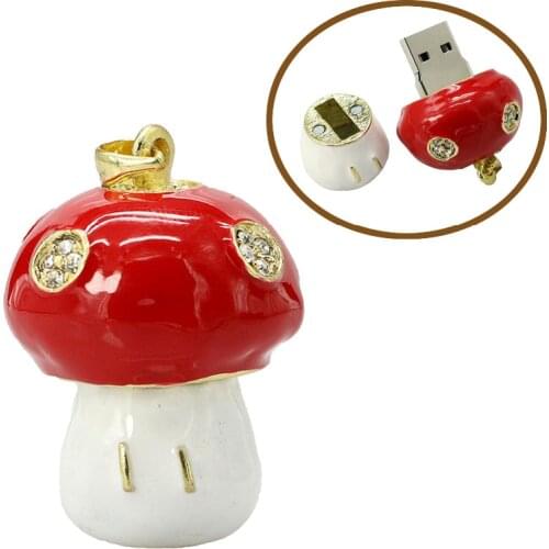Lovely Red Crystal Mushroom Necklace 16GB 32GB 64GB USB Flash Drive Jewelry Pen Drive USB 2.0 External Storage Memory Stick Disk