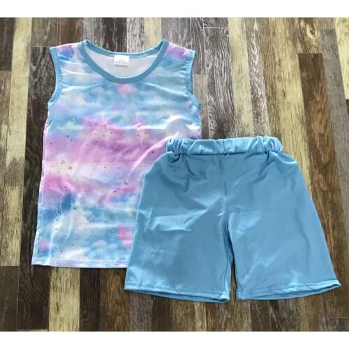 Newest Kids Clothes Baby Boy Sleeveless Vest Tie-dye Top Solid Blue Shorts Set