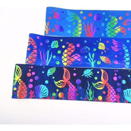 Wholesale 100Y/lot 75mm 3" hologram rainbow foil silver foil mermaid ocean series grosgrain ribbon welcome custom order