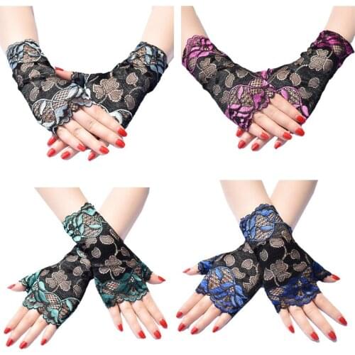 Women Summer Thin Sunscreen Fingerless Gloves Hollow Jacquard Floral Lace Contrast Color Dance Party Driving Mittens