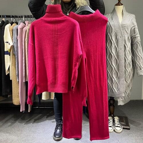Turtleneck pullover sweater set 2021 spring new loose solid color thick knitted sweater and pants 2-piece set