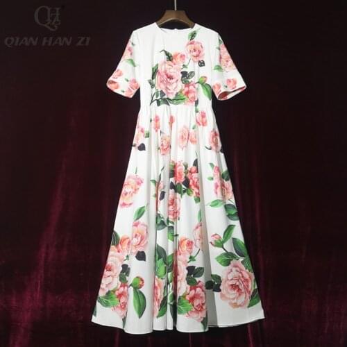 Qian Han Zi designer summer fashion women dress vintage Flower print Crystal beading Elegant midi dress