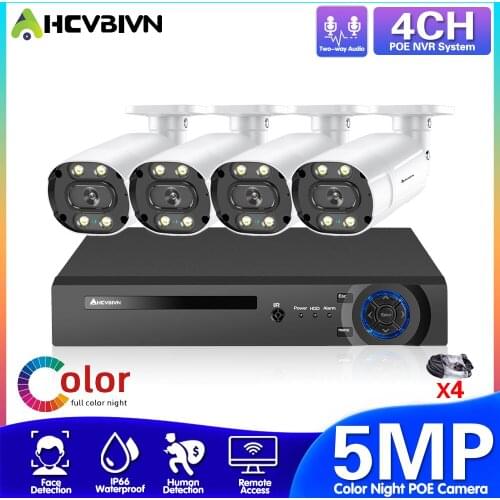 5MP IP POE CCTV Camera System 4ch NVR Kit Outdoor Waterproof Face Detection Video Surveillance Camera Security System Set Onvift