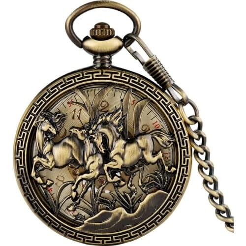 Vivid Running Horse Bronze Pocket Watch Mechanical Hand-wind Pendant Pocket Watch Antique Collection Clock Gifts Men Women