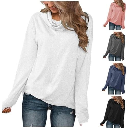 Womens Fall 2021 Newest Pure Color Stack Collar Casual Fashion Loose T-shirt