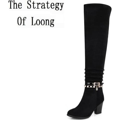 Women Spring Autumn Winter Sheepskin Leather Thick High Heel Buckle Side Zipper Over The Knee Boots Plus Size 34-45 SXQ1007